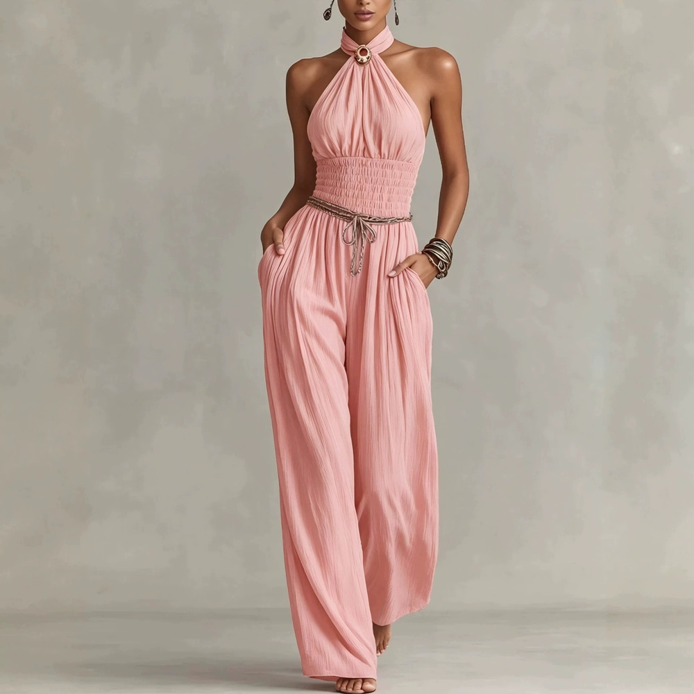 ZARA Summer Halter Neck Sleeveless Shirred Cinched Waist Wide Leg Jumpsuit